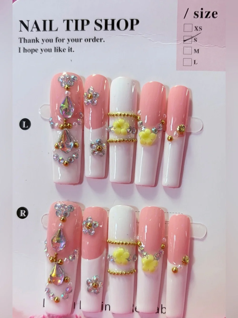 Pink and White Floral Rhinestone Press-On Nail Set
